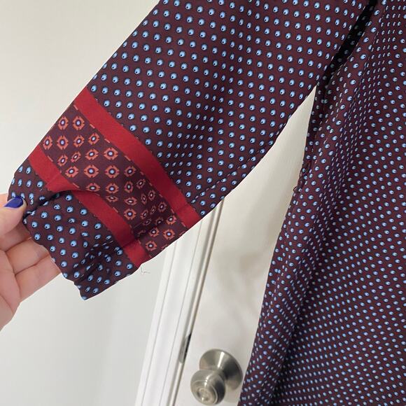 LOFT • Ann Taylor Burgundy Rust Blue Pattern Long Sleeve Side Split Dress - Picture 5 of 8